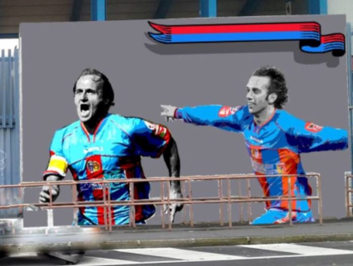 Davide Baiocco nella storia del Catania. Il perugino tra i 50 volti del murales realizzato allo stadio 
